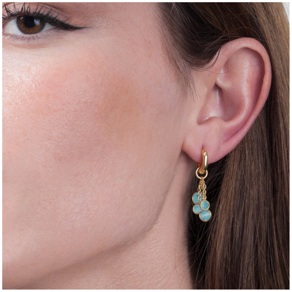Close-up of a woman's ear wearing a gold earring with turquoise stones.