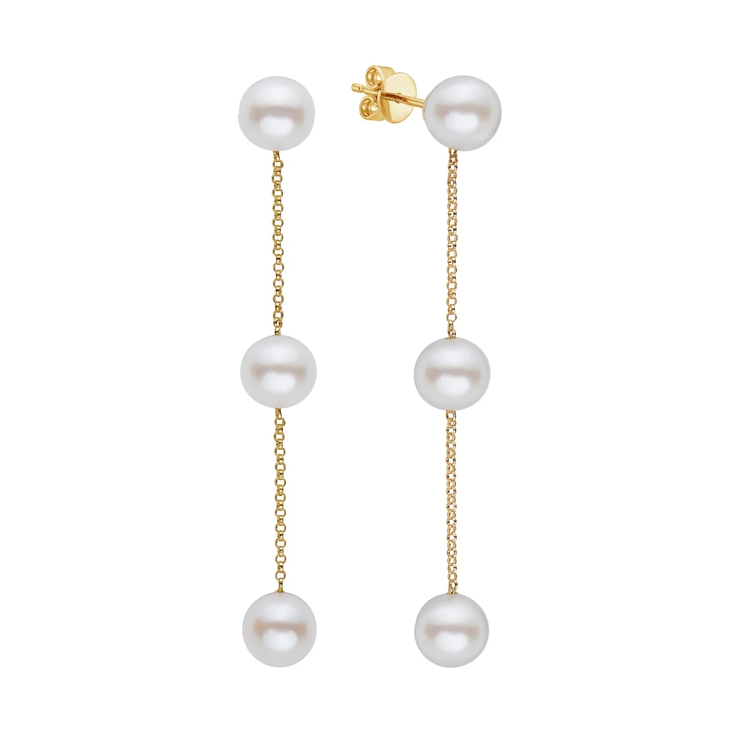 yellow tone drop earrings with pearls on a white background