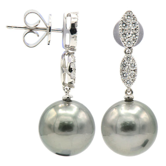 18k Gold Tahitian Pearl and Diamond Drop Earrings
