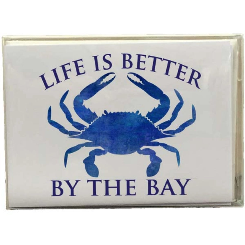 Decorative note cards with blue crab and text 'Life is Better by the Bay' on a white background