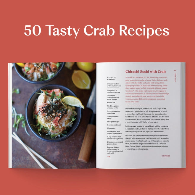 Open cookbook showing a recipe for Chirashi Sushi with Crab on a red background