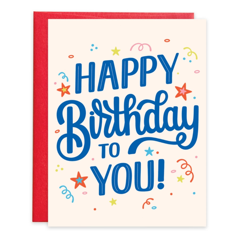 Birthday greeting card with text "happy birthday to you" in blue letters and celebration design background. 