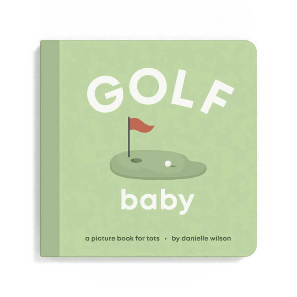 Cover of the 'Golf Baby' board book featuring a simple illustration of a golf ball with a flag on a green background, with the title 'GOLF baby' written above.