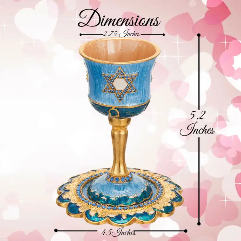 Matashi Hand-Painted Enamel Tall 5" Kiddush Cup Set W Stem and Tray