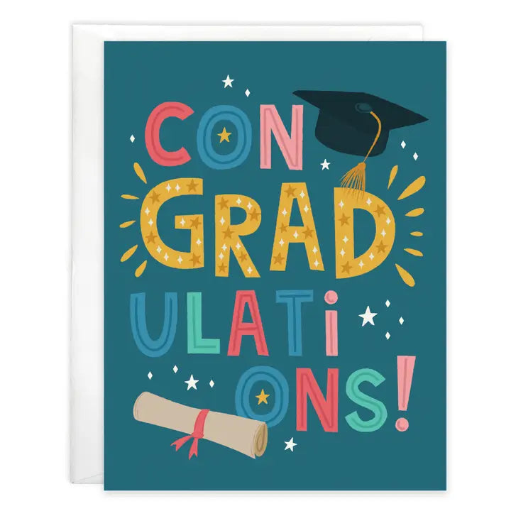 Graduation-themed card with colorful text and a cap on a teal background