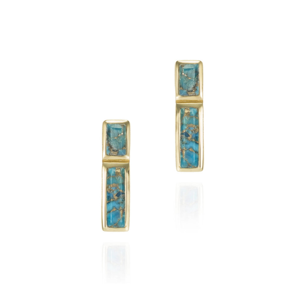 A pair of gold-toned rectangular stud earrings with vertical stacked segments featuring turquoise-blue marbled inlay, shown on a clean white background with a soft reflection.