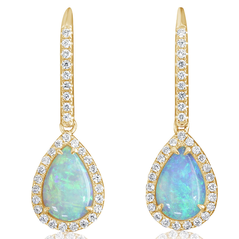 Opal earrings with gold and diamond accents on a white background