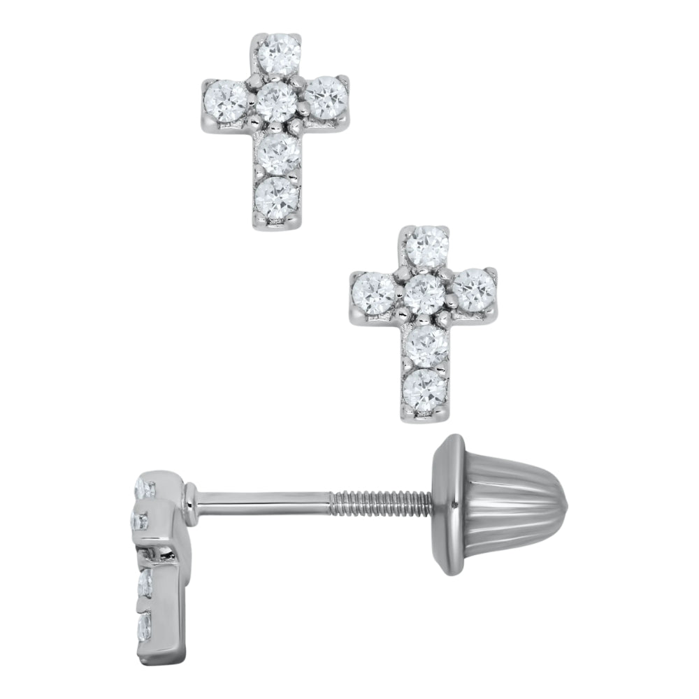 Pair of silver cross-shaped earrings with clear stones on a white background