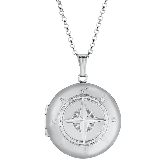 Sterling Silver Engraved Compass Locket Necklace