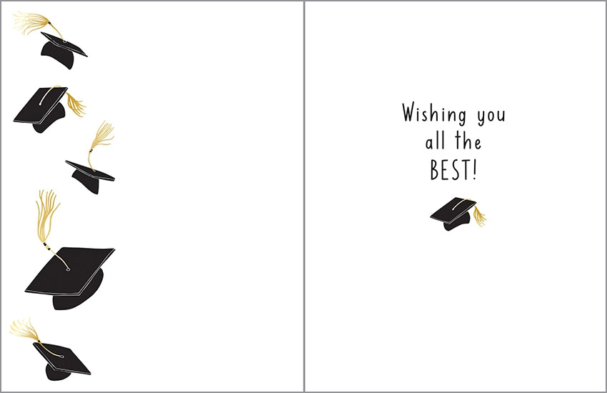 Graduation card with black caps and tassels on a white background