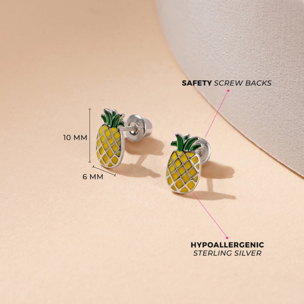 Children's Sterling Silver & Enamel Lucky Pineapple Earrings