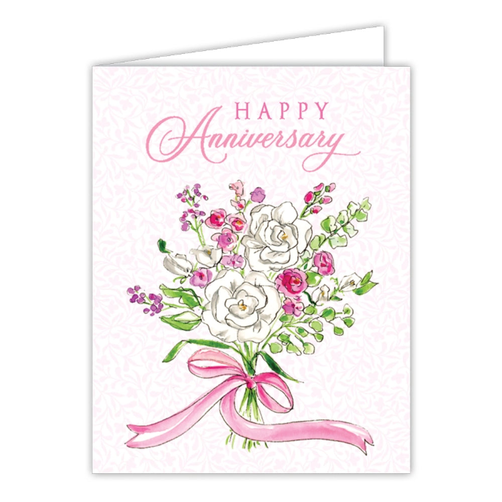 Handpainted Happy Anniversary Pink Bouquet Greeting Card