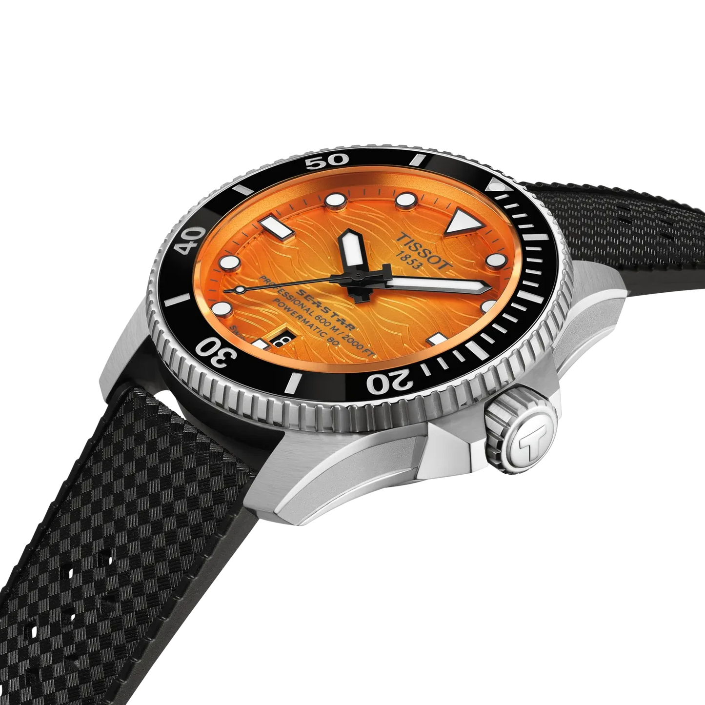 Watch with orange dial and black strap on a white background