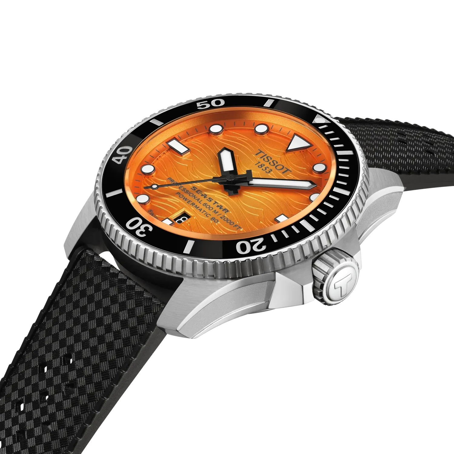 Watch with orange dial and black strap on a white background