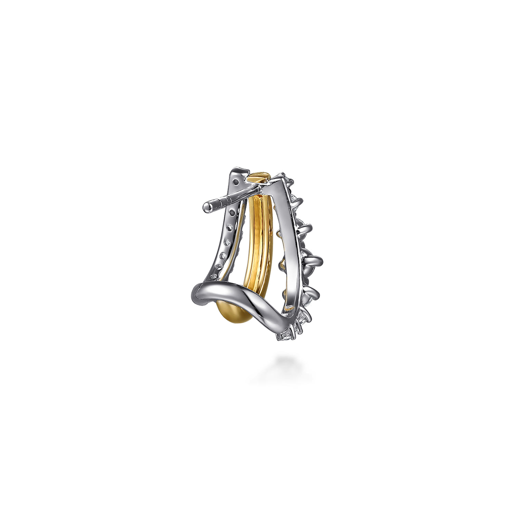 single yellow and silver half hoop earring with clear stones on white background