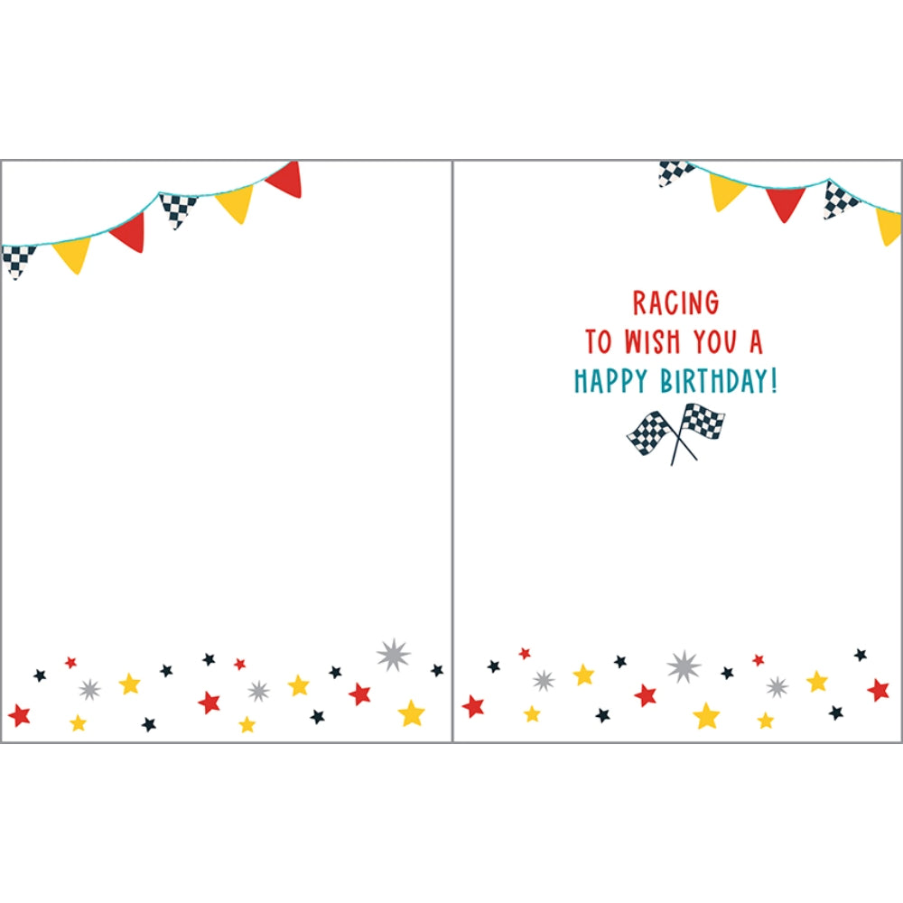 text saying "racing to wish you a happy birthday!" on a white background with racing designs and colors. 