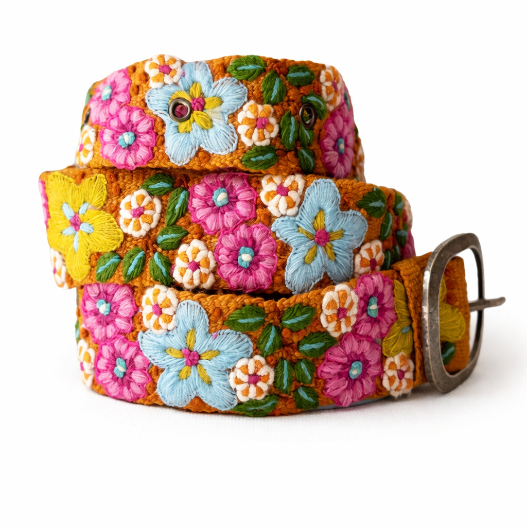 Colorful floral-patterned belt with a metal buckle on a white background