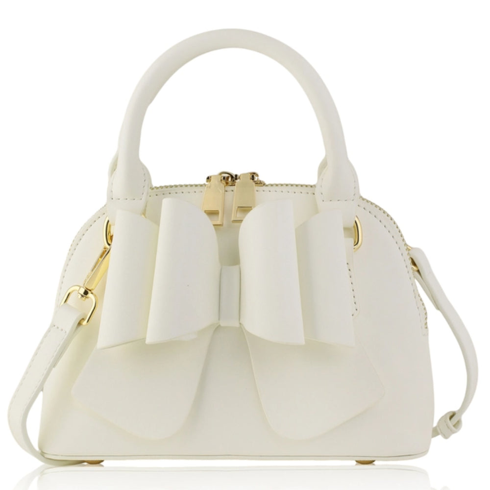 White handbag with a bow detail on a white background