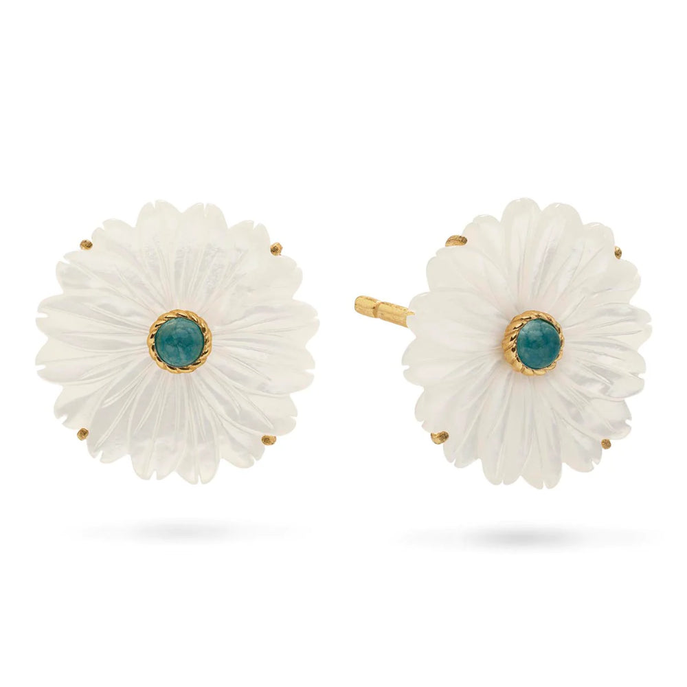 Capucine de Wulf Mermaid Garden Flower Stud Earrings In Mother of Pearl and Ocean Jade