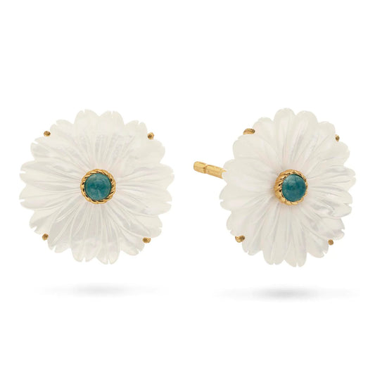 Capucine de Wulf Mermaid Garden Flower Stud Earrings In Mother of Pearl and Ocean Jade