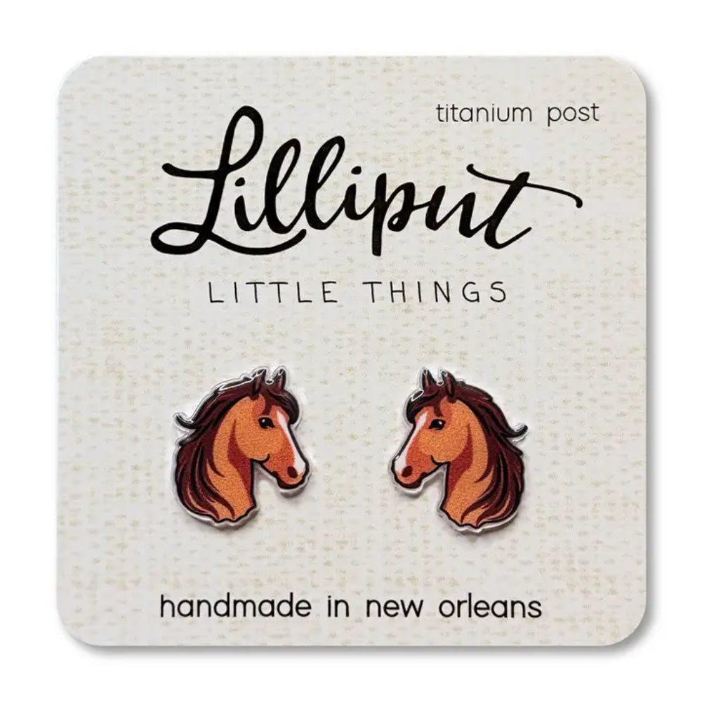 Horse head earrings on a Lilliput Little Things branded card.