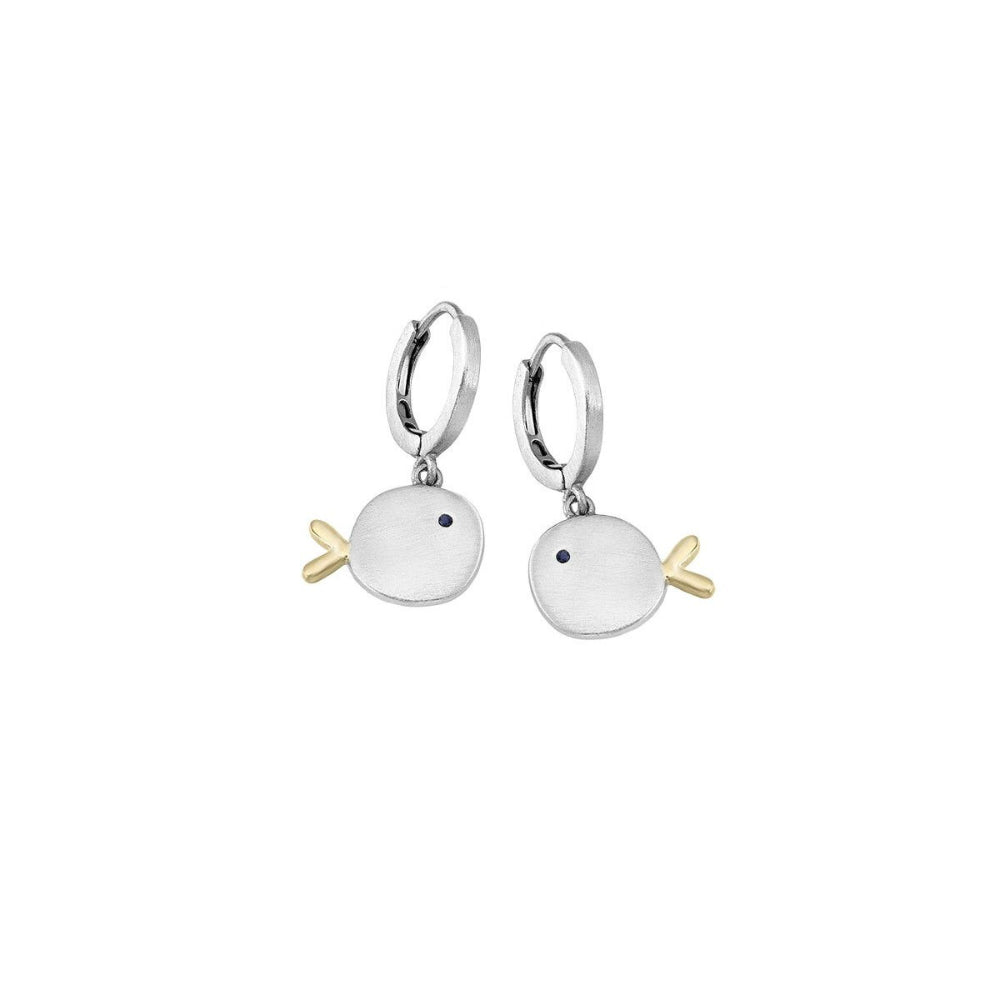 silver fish earrings from hoops with gold accents on white background