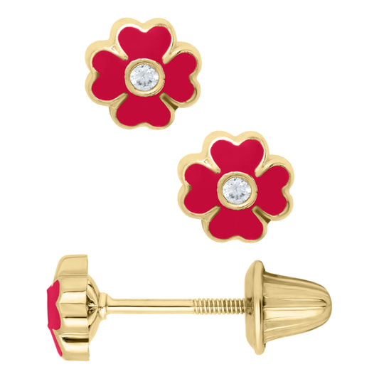 Children's 14k Red Enamel 4-Heart Flower Stud Earrings