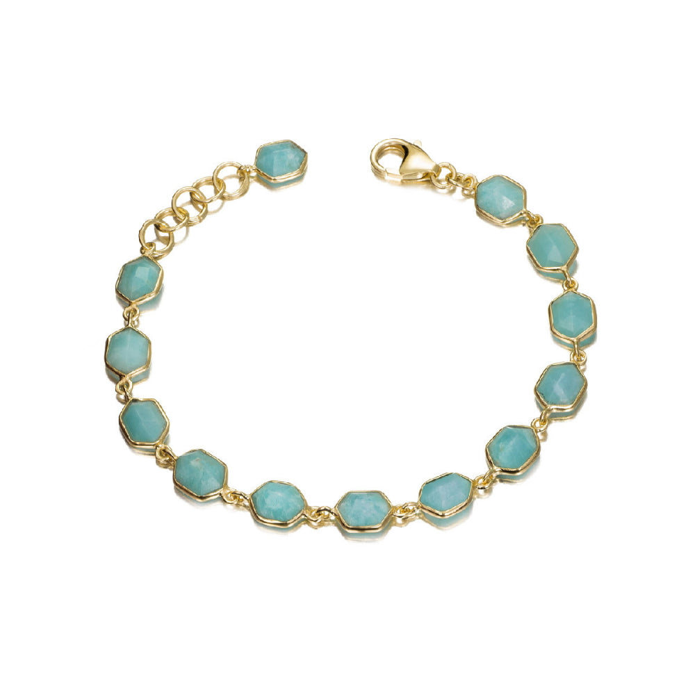A gold-plated bracelet featuring multiple faceted light blue-green turquoise stones set in gold bezels, connected by delicate gold chains and links with a lobster clasp, shown on a plain white background.