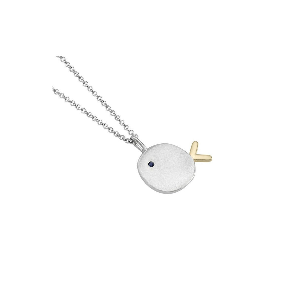 silver fish pendant with gold accent on a silver chain on a white background