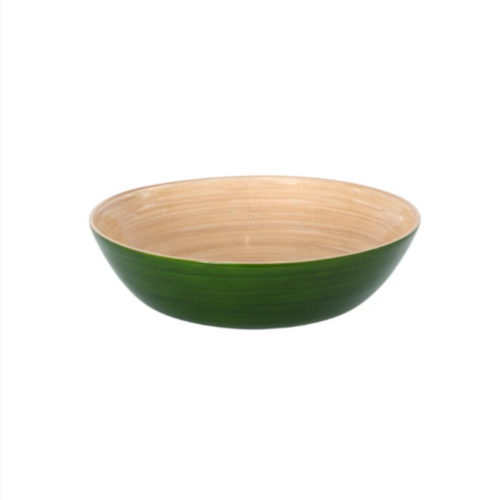 A shallow round bowl with a glossy dark green exterior and a natural light wood grain interior, shown against a plain white background.