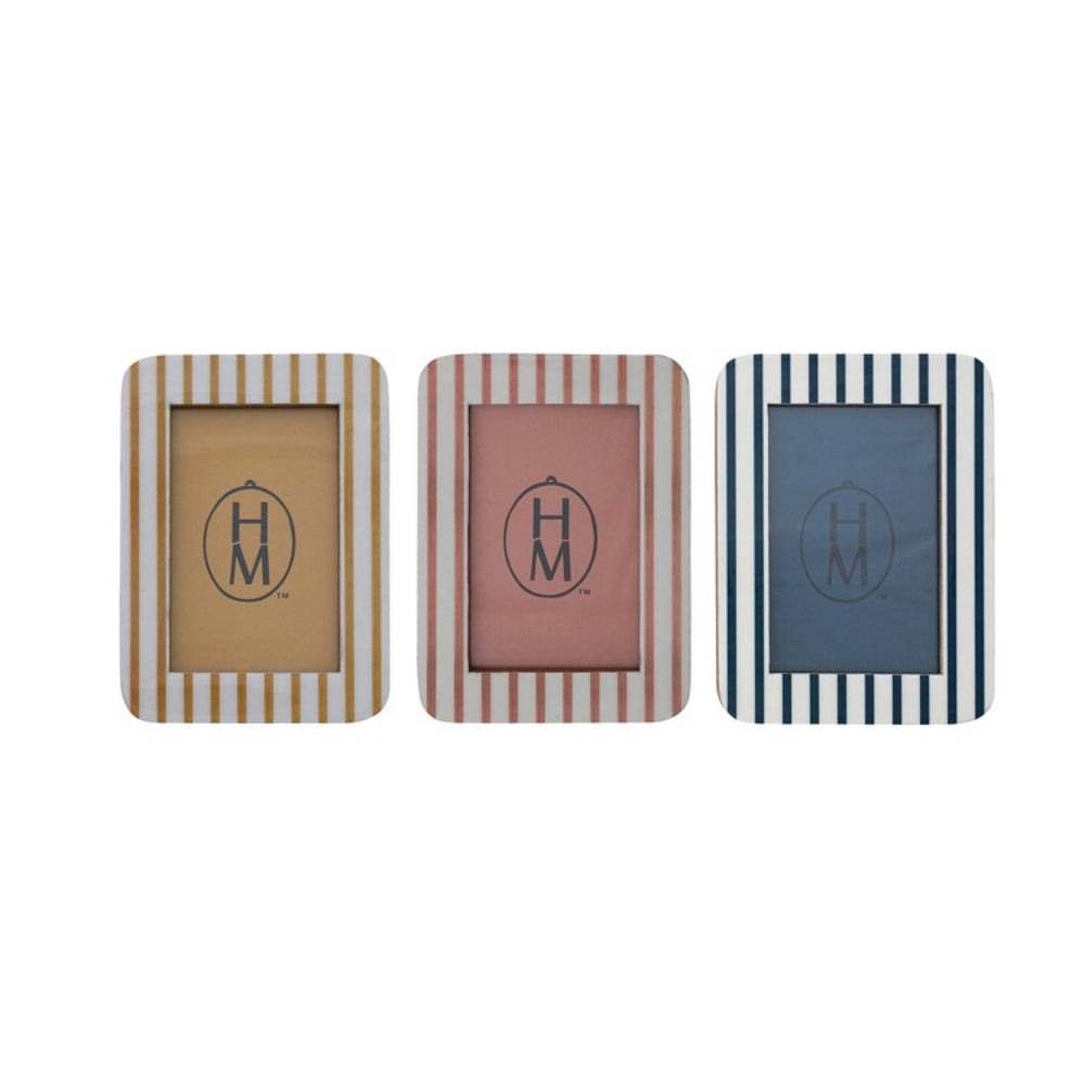 Three striped picture frames with different colored backgrounds on a white background