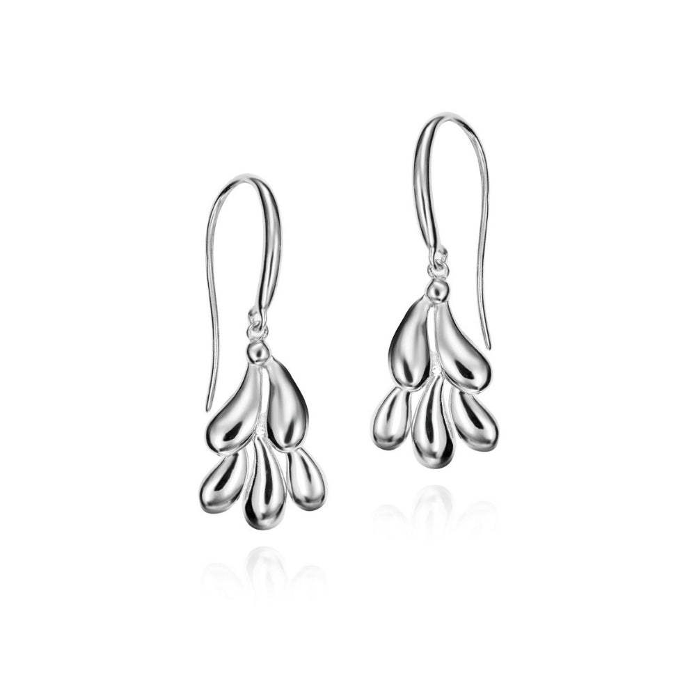 A pair of silver drop earrings with a textured, leaf-like or teardrop cluster design, shown on a clean white background with a subtle reflection.