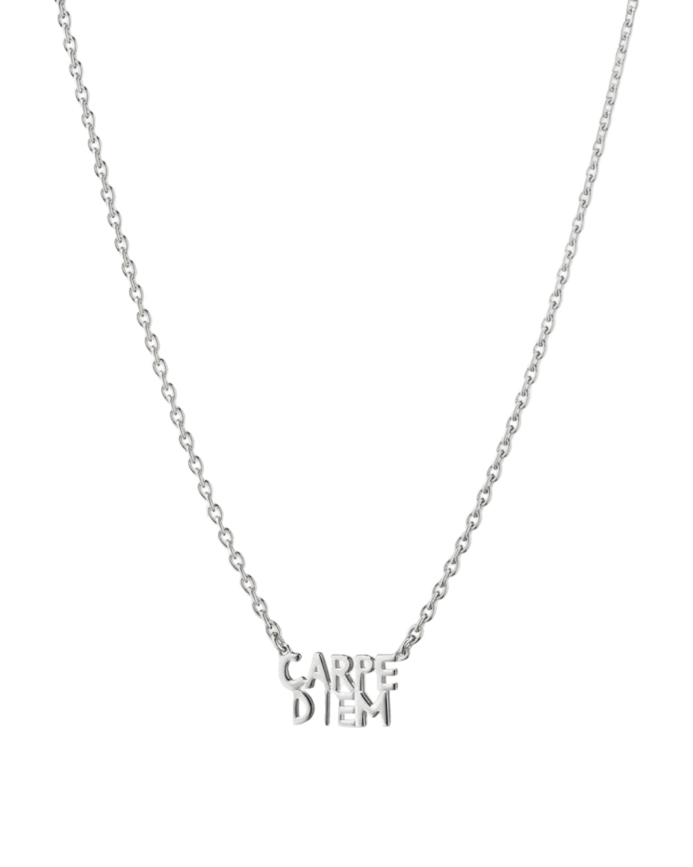 A silver chain necklace with a small pendant spelling 'CARPE DIEM' in a stylized font, shown against a solid off-white background.