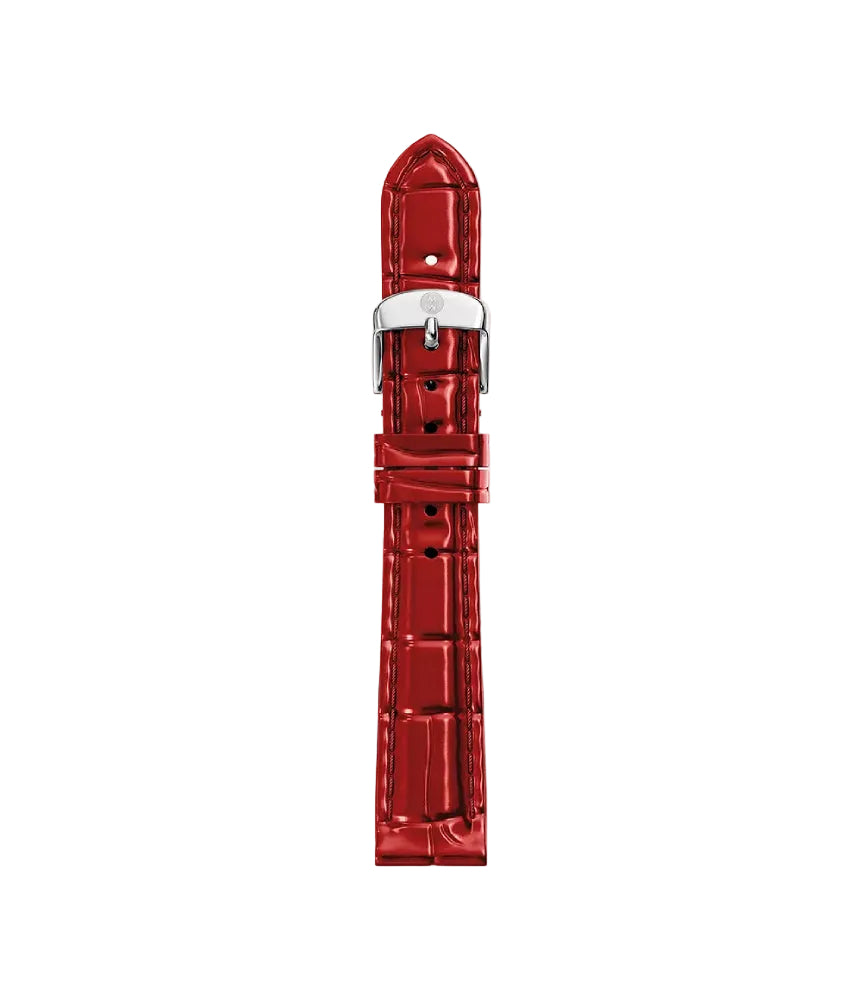 A glossy red alligator-patterned watch strap with a polished silver buckle, shown vertically against a plain white background.