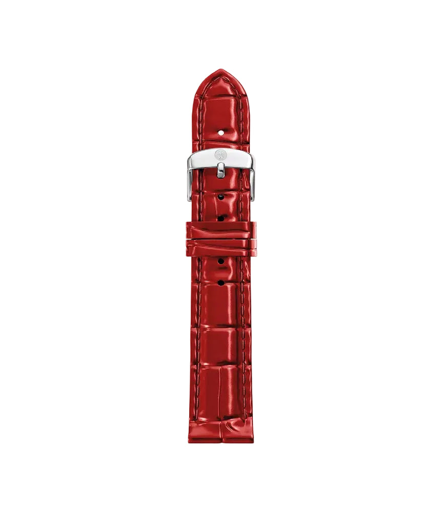 A red alligator-patterned leather watch strap with a silver buckle, shown vertically against a plain white background.