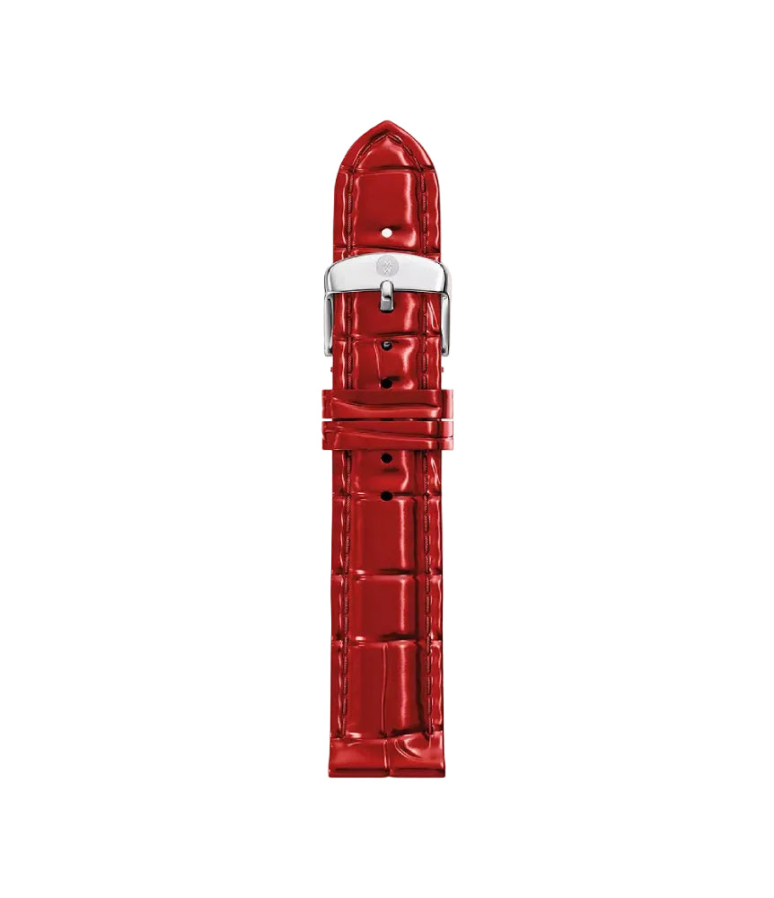A glossy red alligator leather watch strap with a silver-toned metal buckle, shown vertically against a plain white background.
