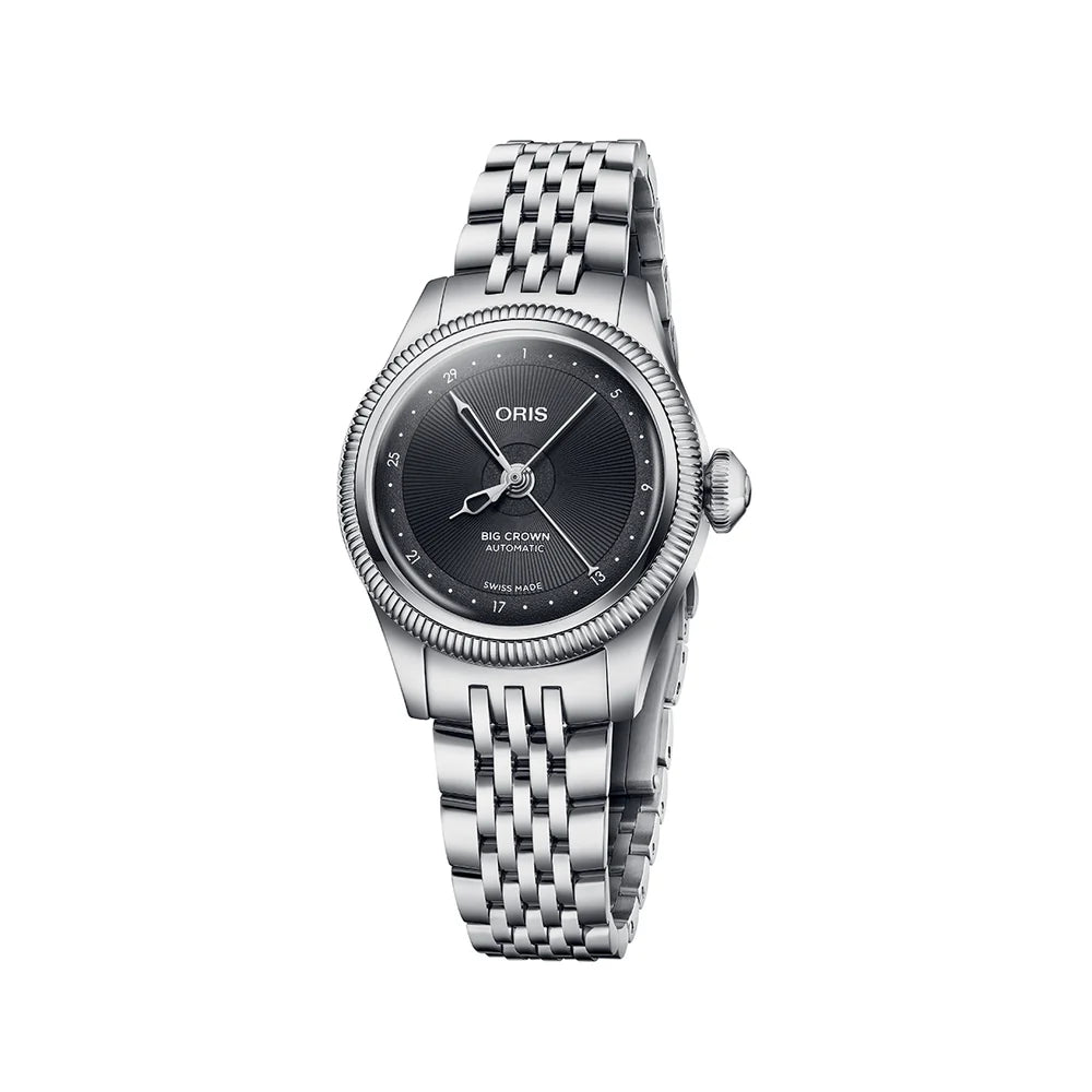 An Oris Big Cierre Automatic watch with a silver stainless steel link bracelet, a fluted bezel, and a dark gunmetal gray dial.