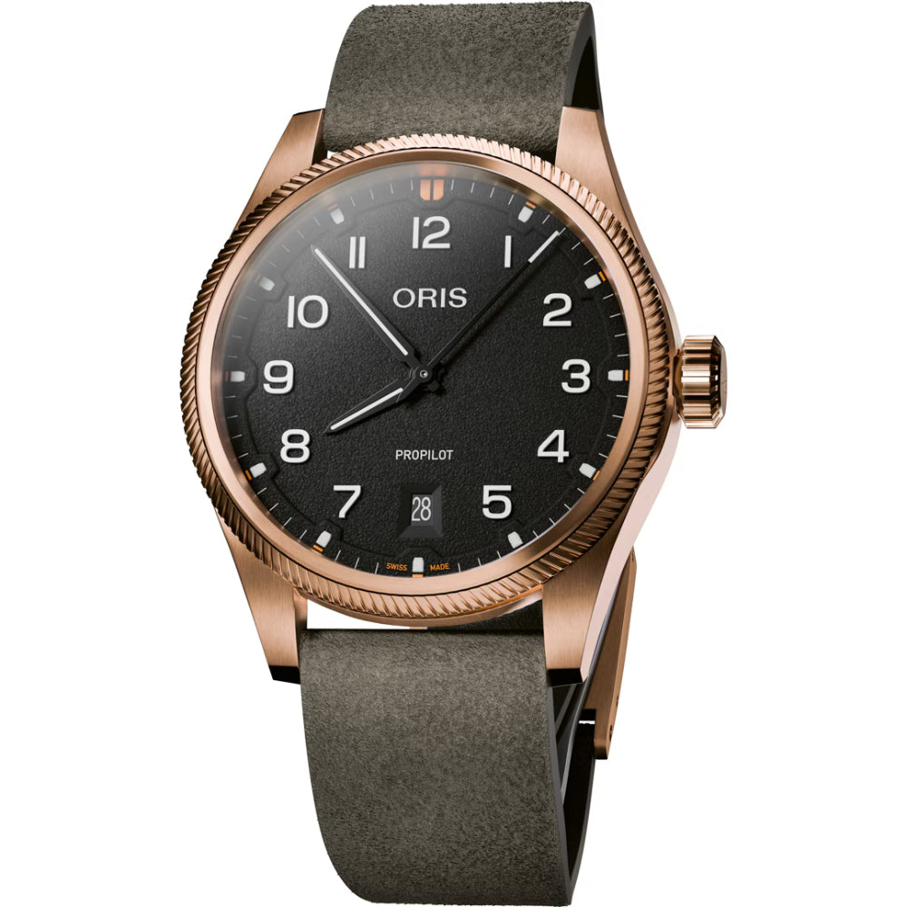 Oris ProPilot watch with a rose gold case, black dial, and dark olive green textured strap, shown on a white background.