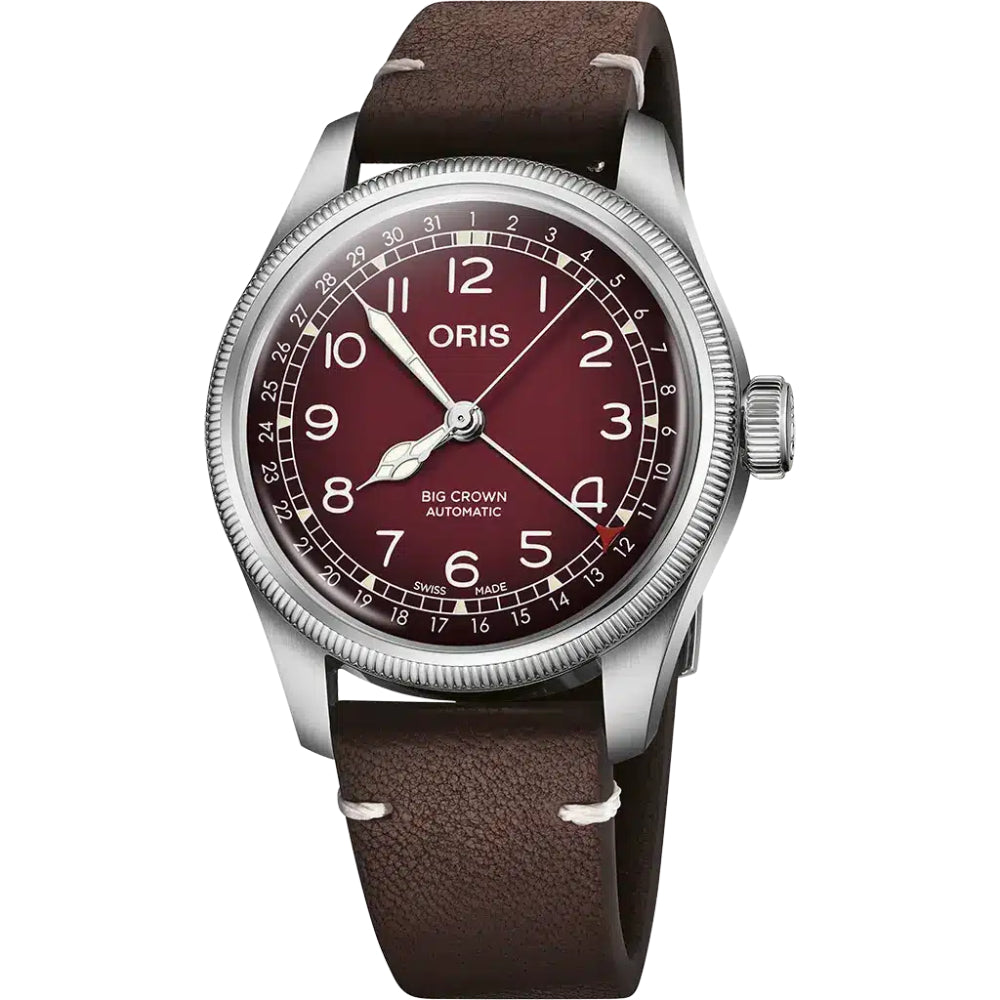 An Oris Big Crown Automatic watch featuring a brown leather strap, a silver stainless steel case, and a deep burgundy dial with white Arabic numerals.