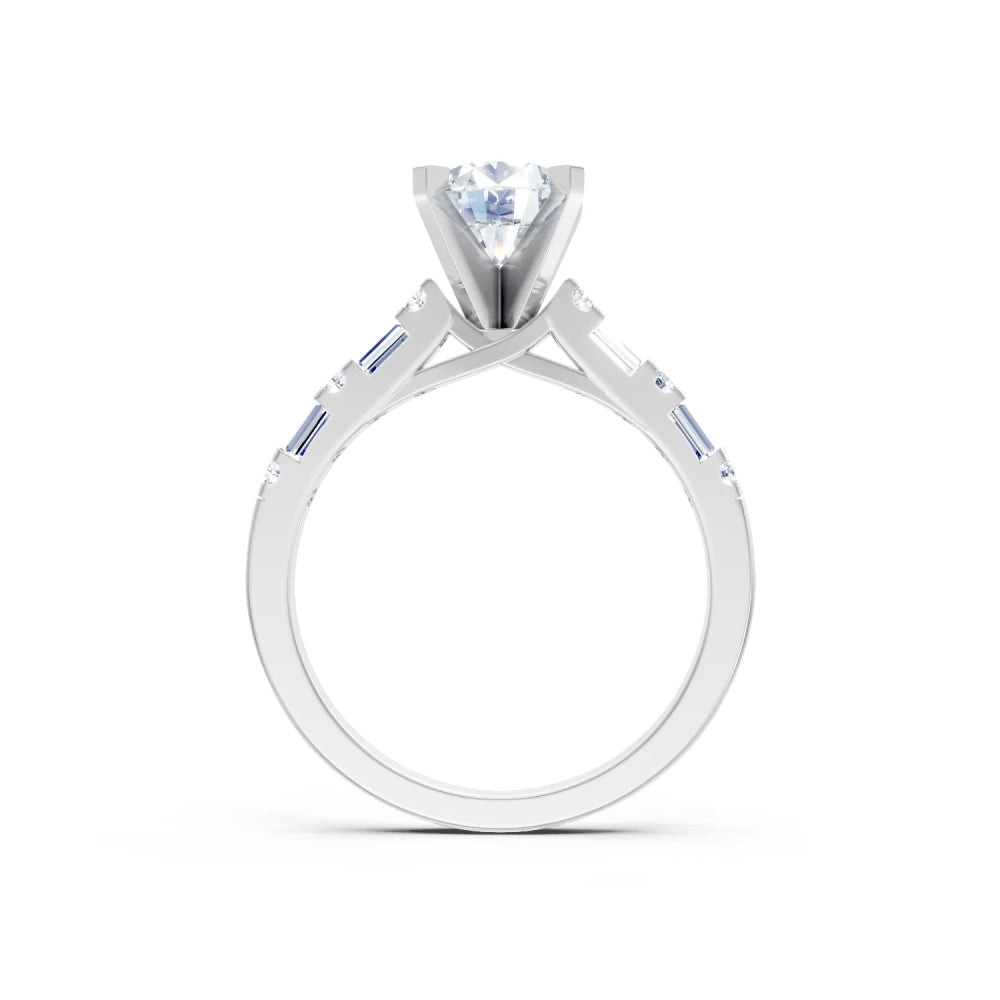 A white gold or platinum solitaire engagement ring featuring a round brilliant-cut center stone and baguette-cut side stones, shown on a clean white background.
