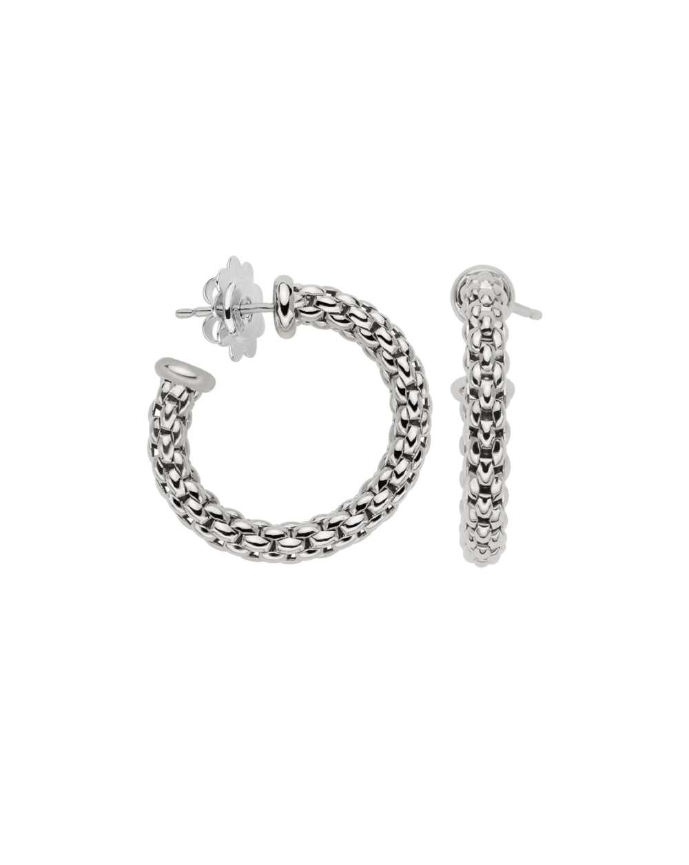 A pair of silver-tone chain-link hoop earrings with butterfly backings, displayed on a clean white background.