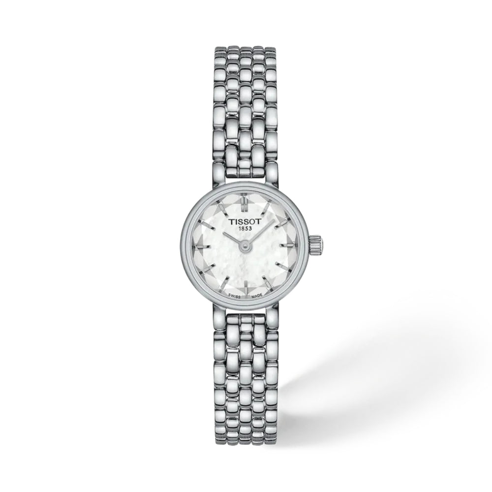 A Tissot 1812 women's watch featuring a silver-tone metal link bracelet, a round silver bezel, and a white dial with crystal hour markers.