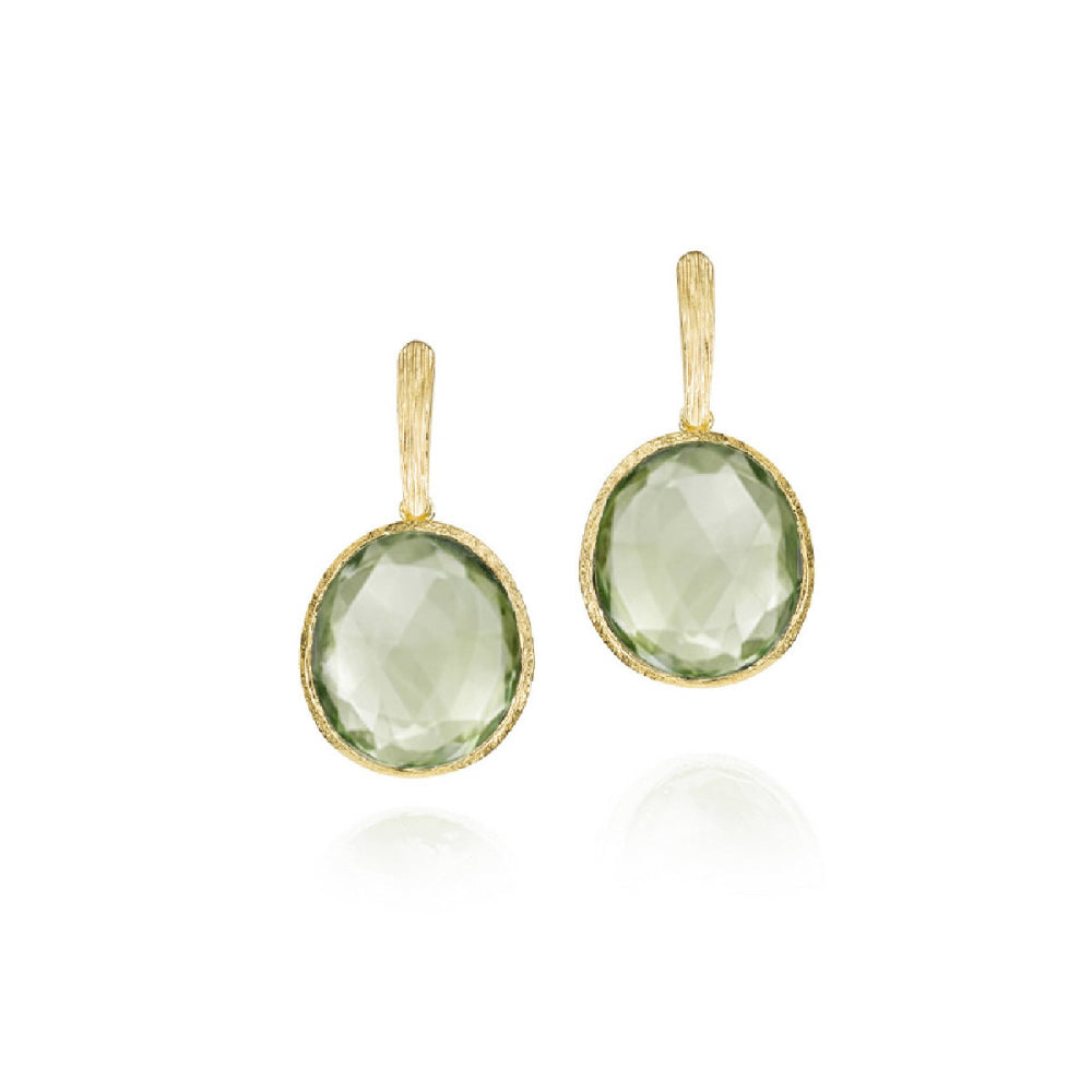 gold-tone earrings with roundish oval green stones on a white background 