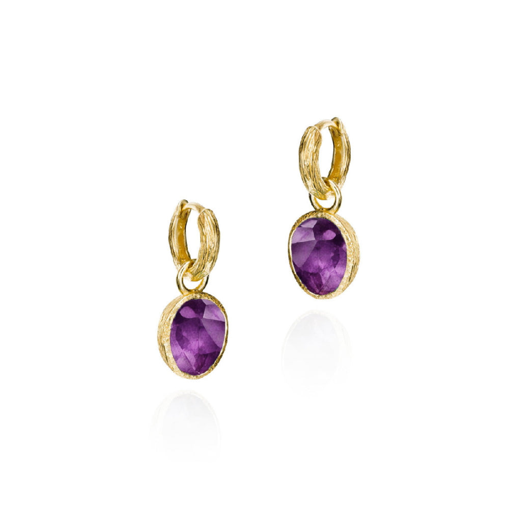 gold-tone drop earrings with purple stones on a white background