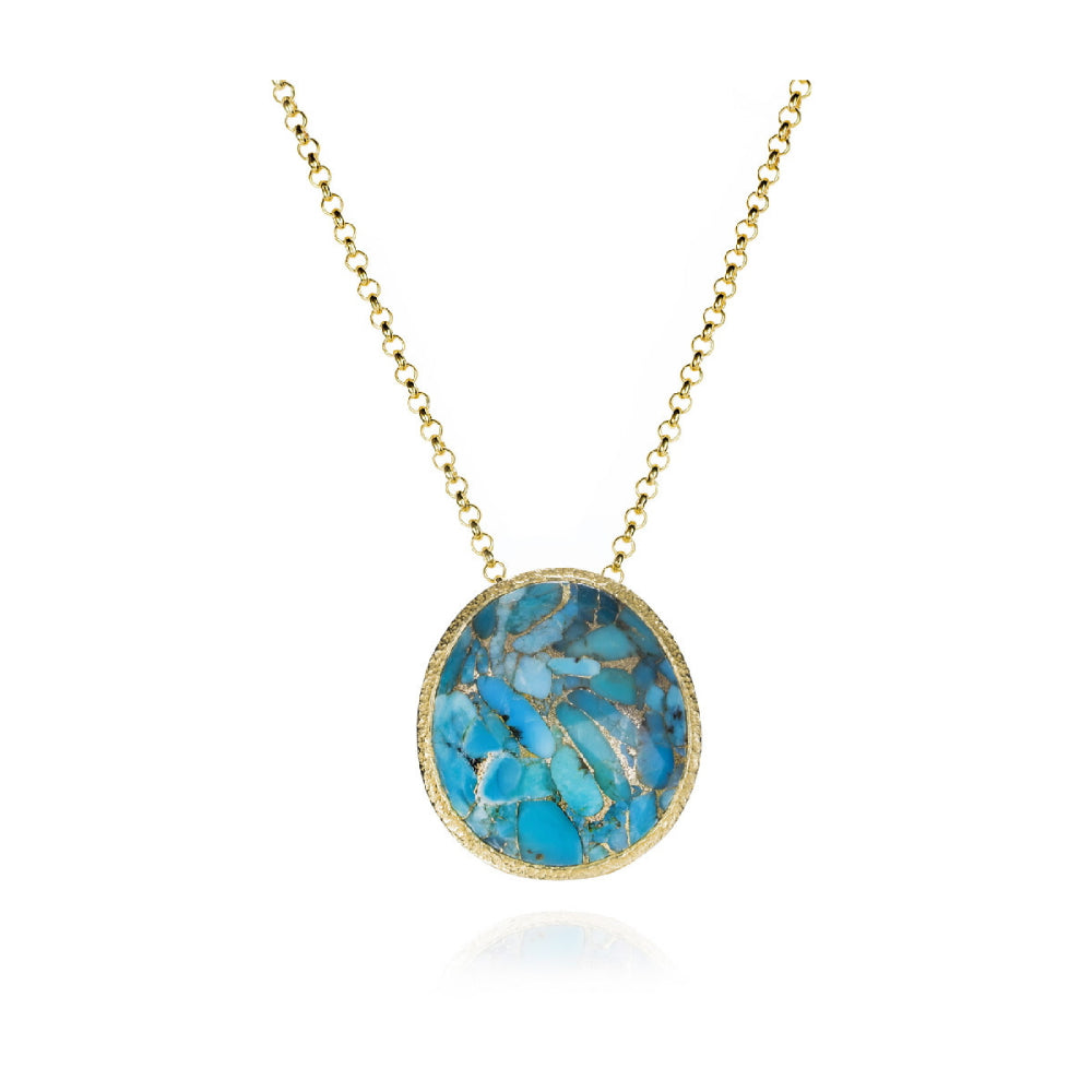 gold-tone necklace with blue stone center pendant on a white background 