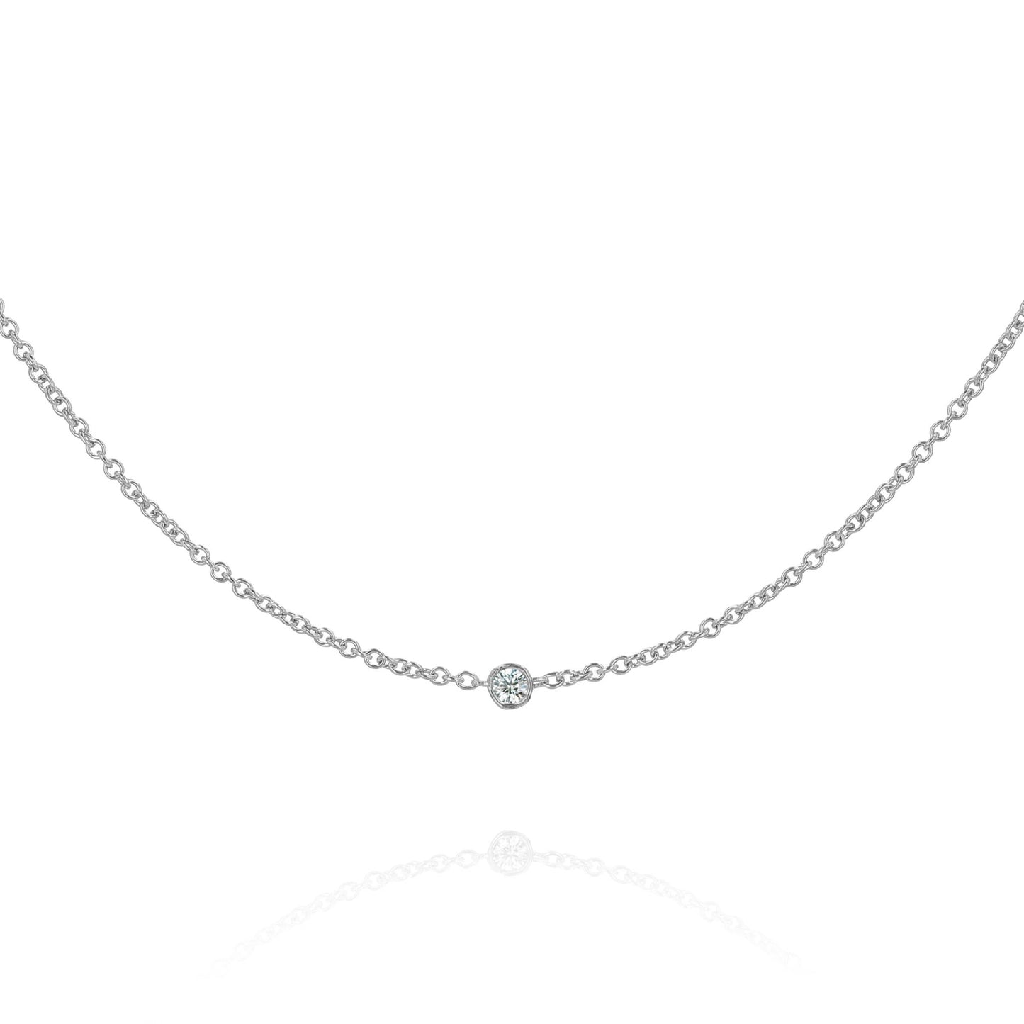 A white gold chain with a single diamond station on a white background