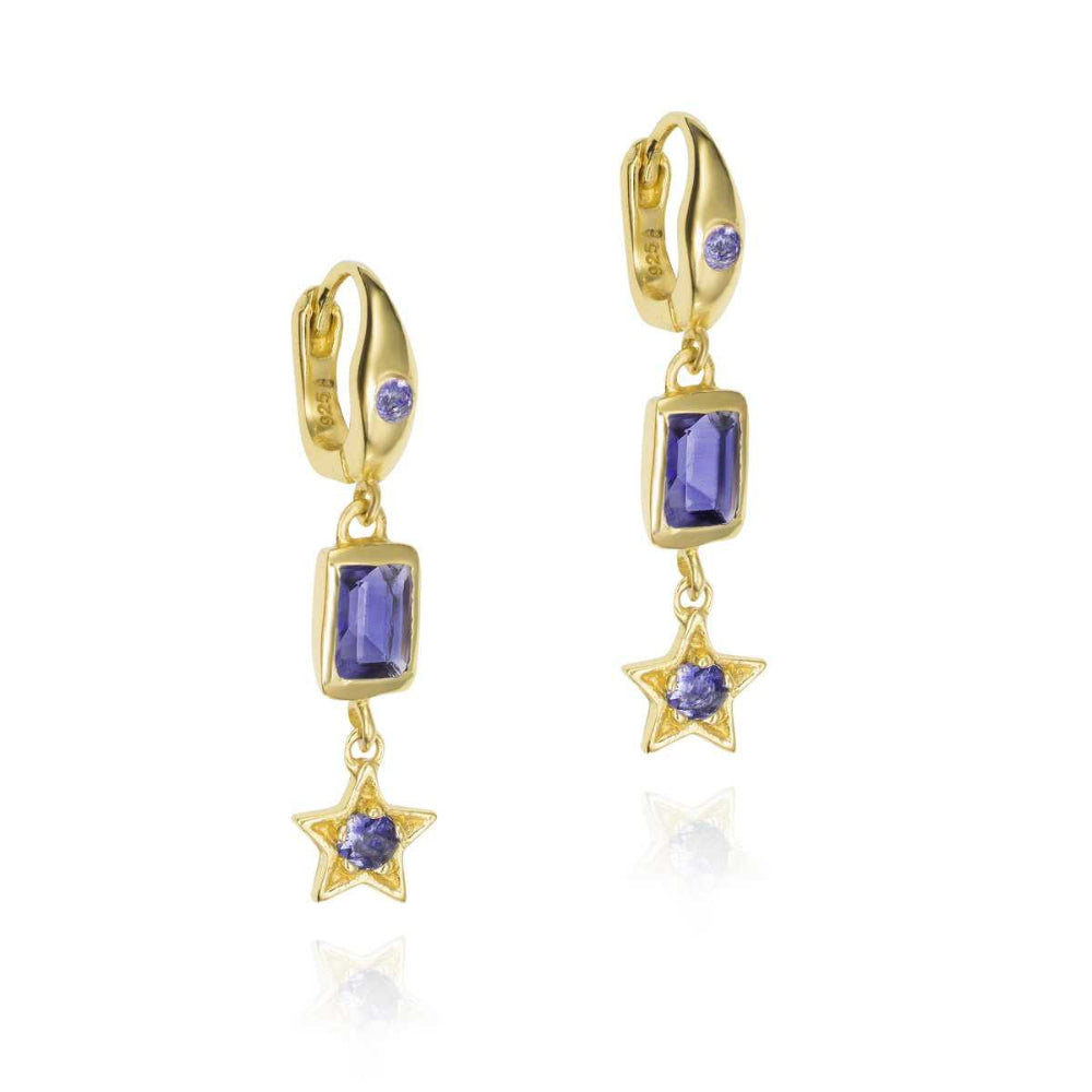 gold drop earrings with blue stones and stars on a white background