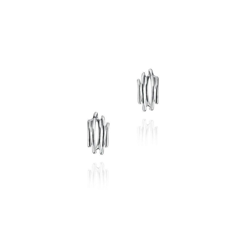 A pair of silver stud earrings with a textured, wavy, tree-bark-like design, displayed on a clean white background with soft reflections below.