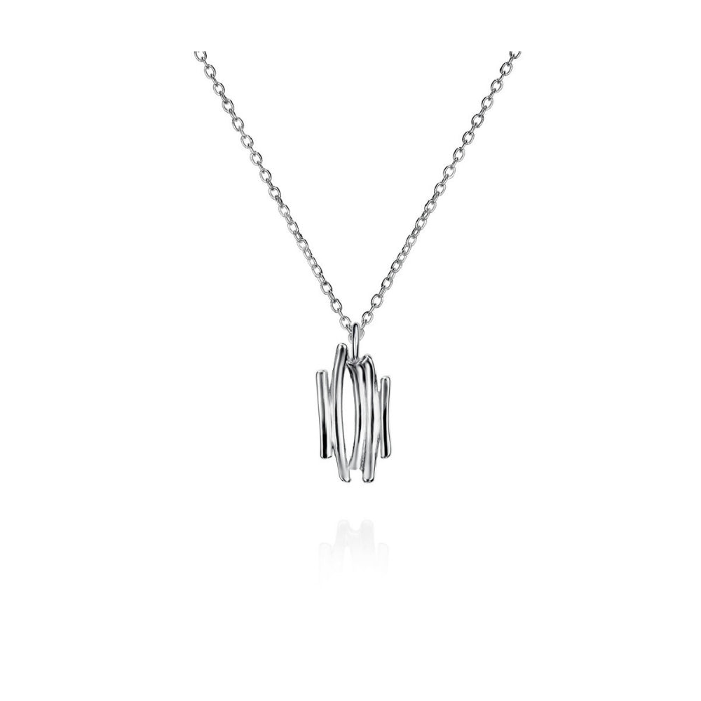 A silver pendant necklace featuring a modern, abstract design with three vertically aligned, polished cylindrical bars connected by thin horizontal links, suspended from a delicate cable chain against a solid white background.