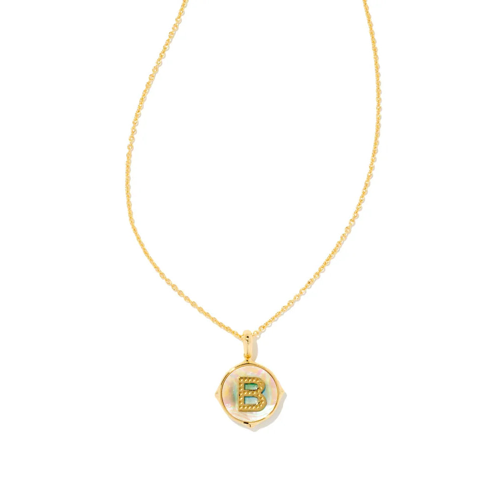 Kendra Scott Letter Gold Disc Reversible Pendant Necklace in Iridescent Abalone